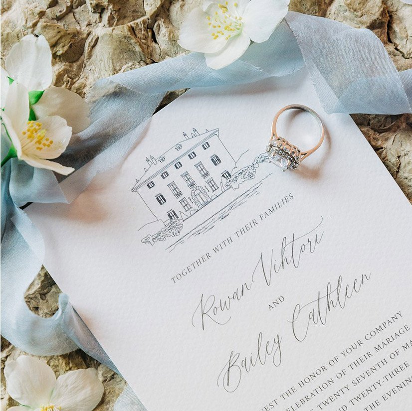 wedding invitation with illustration of villa balbiano