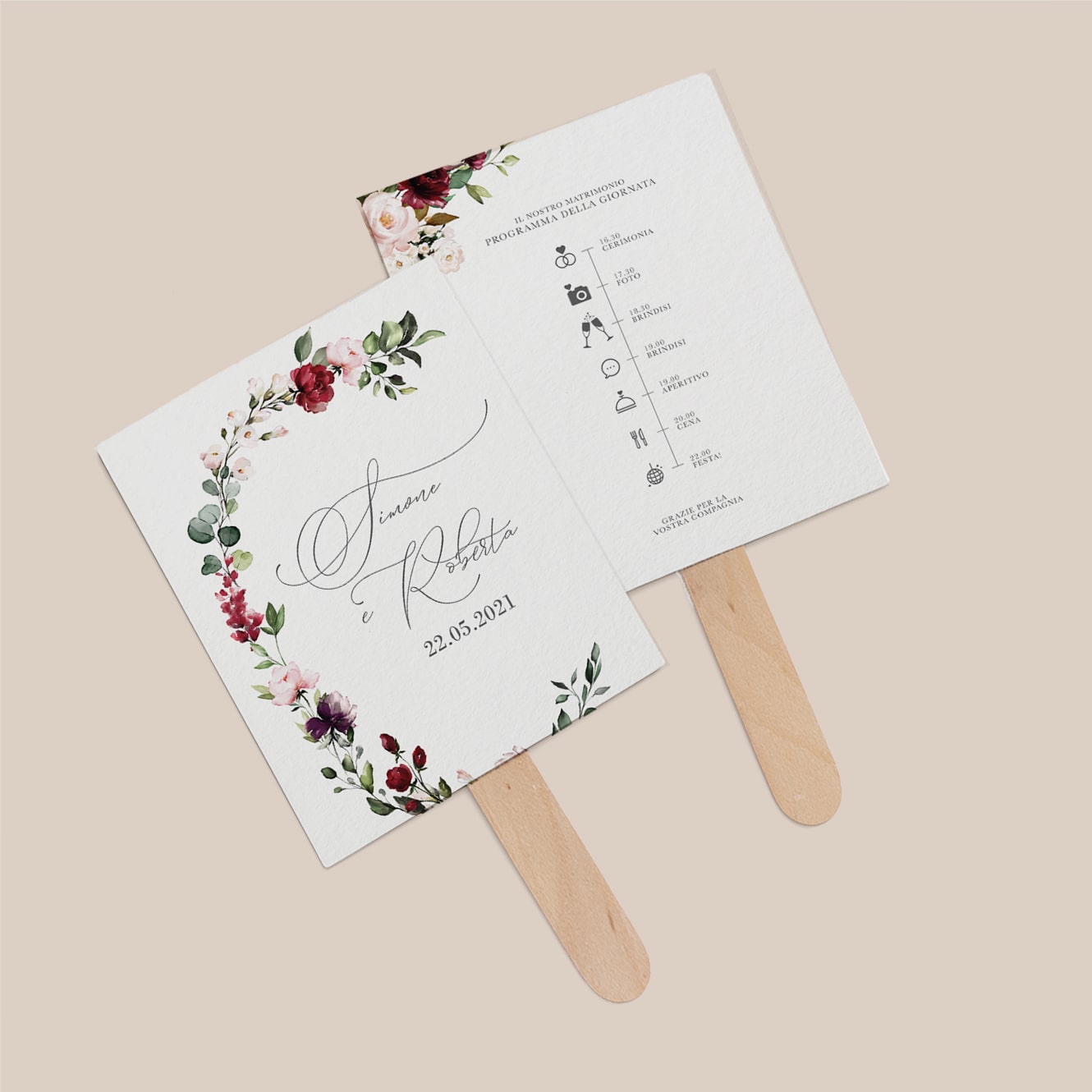 Imperia wedding invitation suite, elegant wedding, roses and peonies, fan, programme