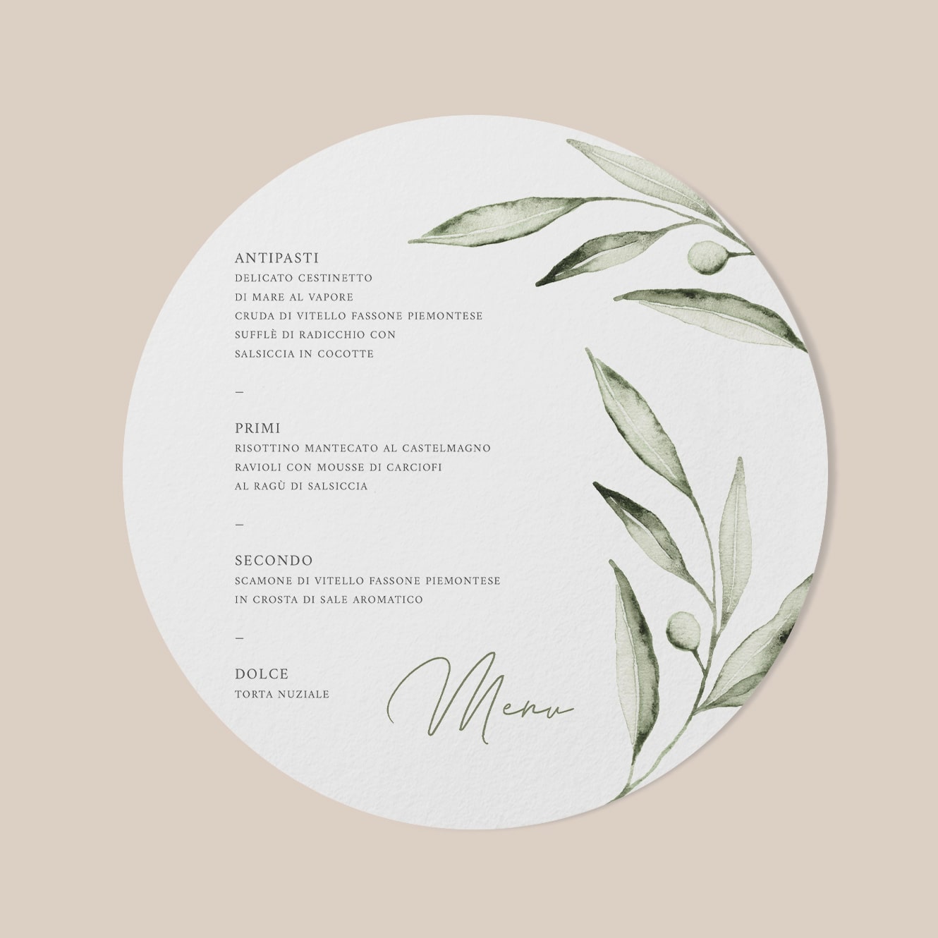 Lucca model wedding invitations elegant olive leaf wedding suite coordinated graphics round menu