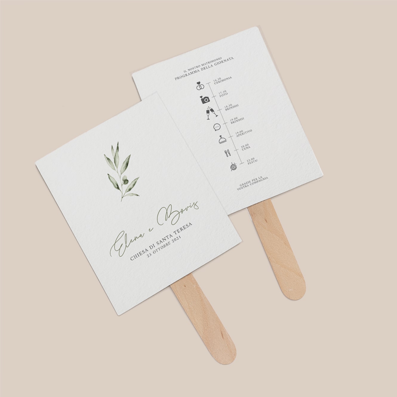 Lucca model wedding invitations elegant olive leaf wedding suite coordinated graphics fan programme