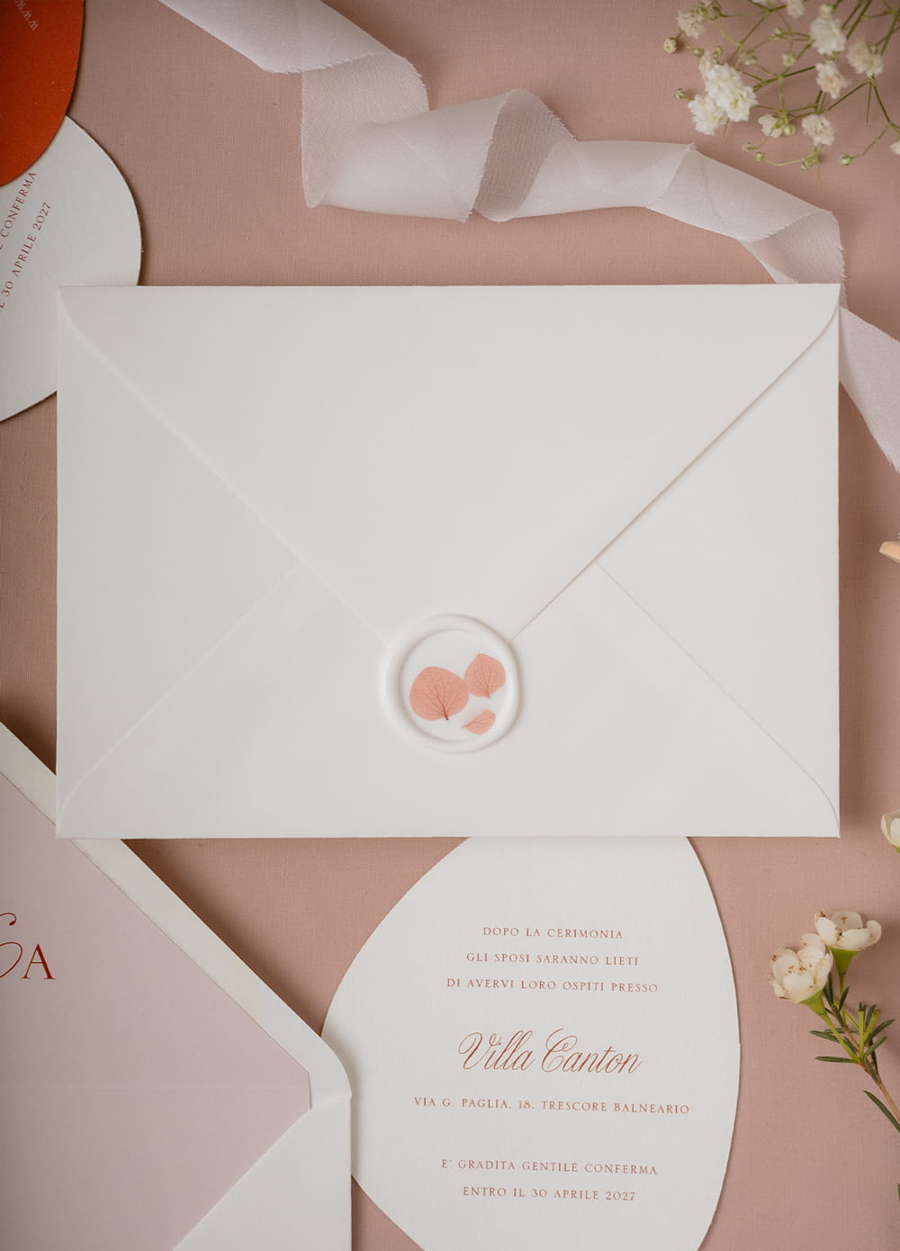 Sealed dried flower wedding invitations, wax seal, wedding suite