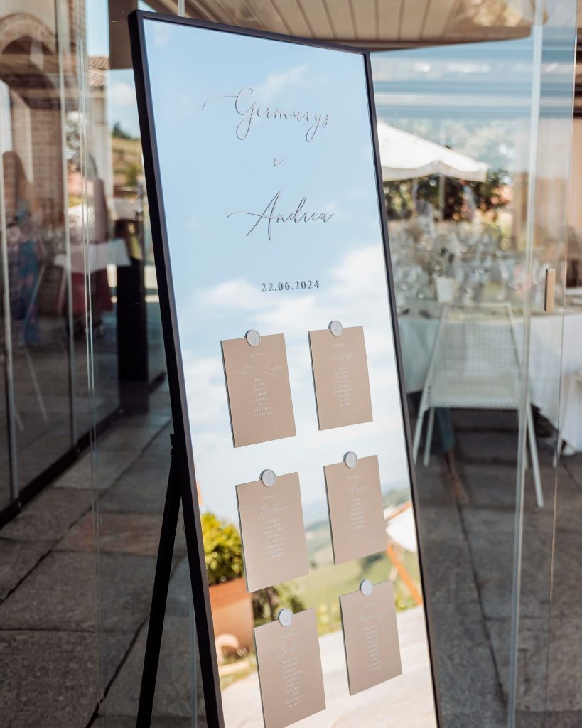 Wedding card on mirrored table